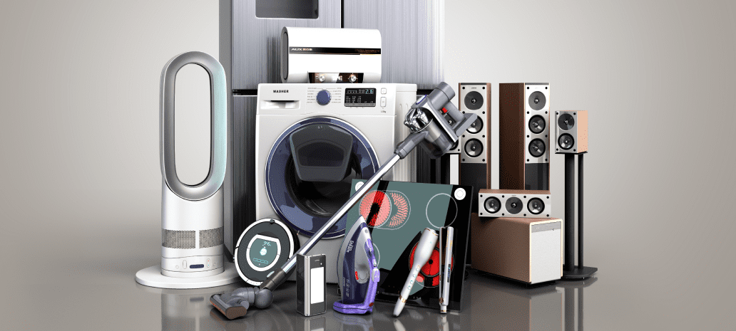 A variety of household appliances, including a refrigerator, washing machine, air purifier, vacuum cleaner, iron, induction cooktop, and audio speakers, displayed together in a sleek and modern setting.